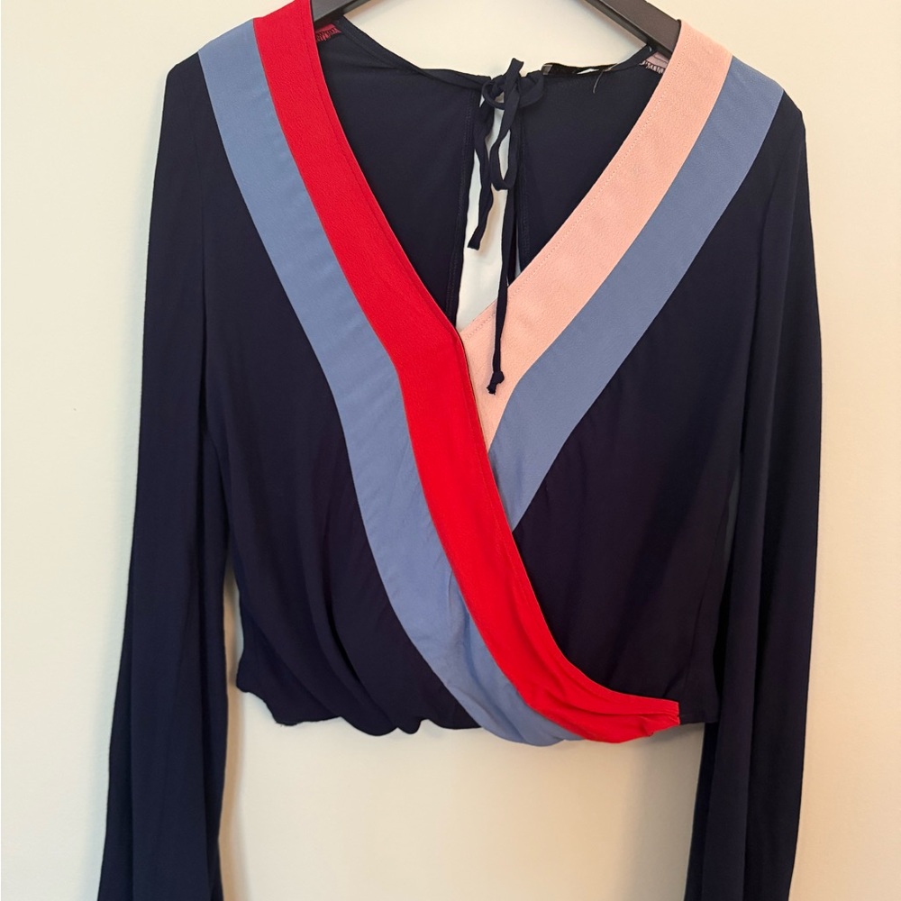 Retro V-Neck Wrap Top with open back and vibrant colors, Small